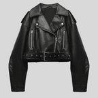Leren cropped bikerjack - strakke zwarte damesouterwear met riem