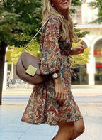 Dames casual midi-jurk elegante v-hals bruine bloemenprint - stijlvolle daytime look