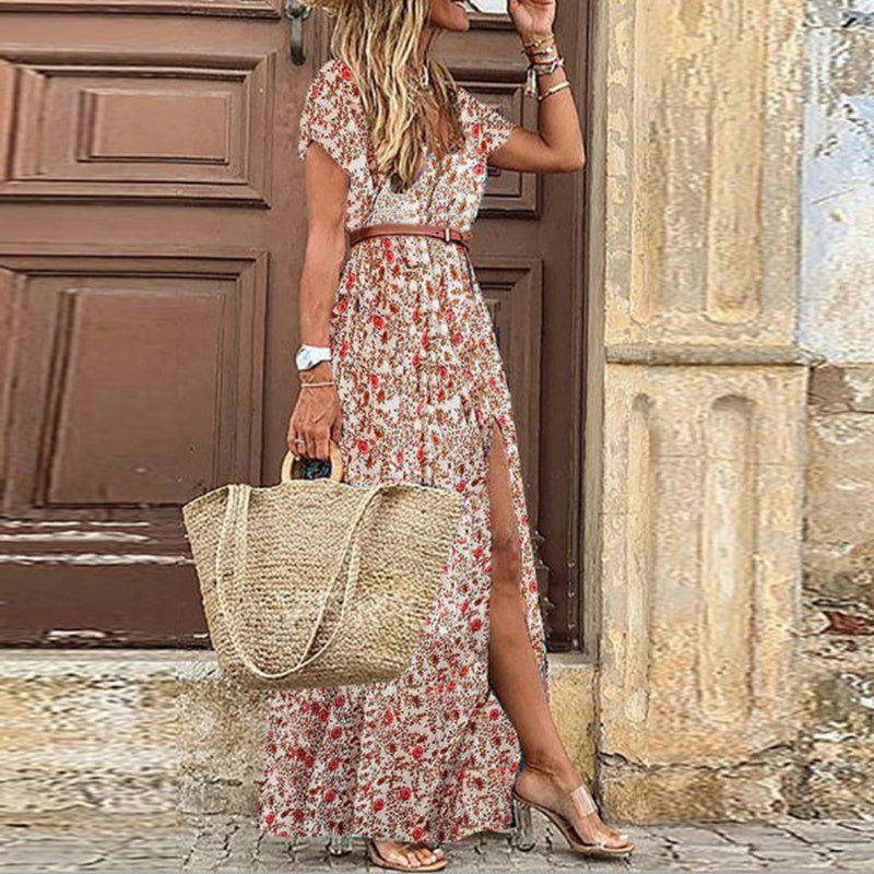 Dames maxi jurk boho chic met lange mouwen - elegante zijsplit voor casual stijl