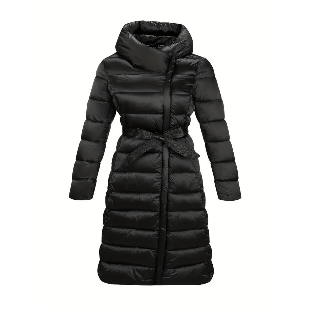 Dames lange pufferjas - elegante zwarte winterwrap