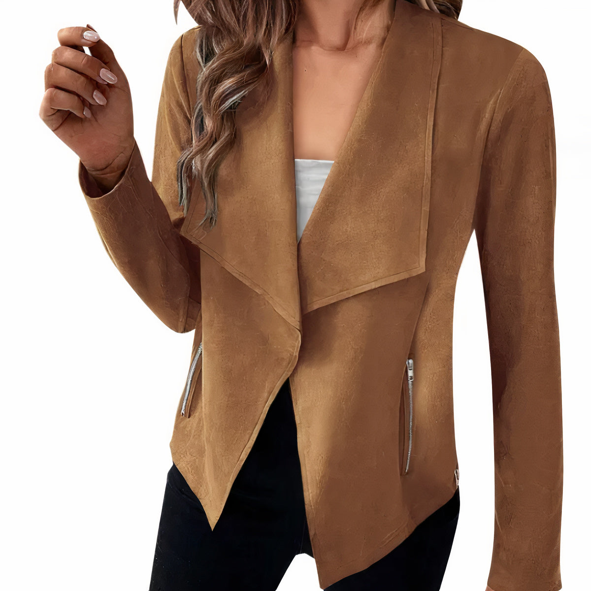 Dames suede blazer - stijlvolle open voorkant jas voor elke gelegenheid