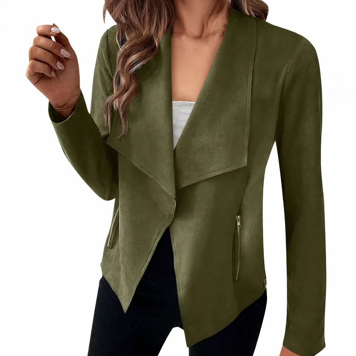 Dames suede blazer - stijlvolle open voorkant jas voor elke gelegenheid