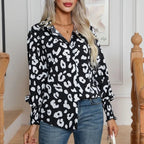 Dames blouse met luipaardprint - stijlvolle zwart-witte blouse met lange mouwen