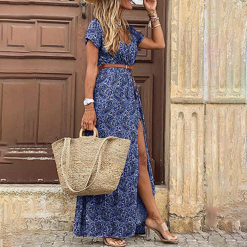 Dames maxi jurk boho chic met lange mouwen - elegante zijsplit voor casual stijl