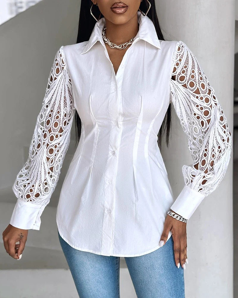 Witte blouse met kanten mouwen - Bakkermode.nl