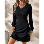 Dames geribd gebreid jurk met lange mouwen - gezellige v-hals dagjurk voor vrouwen