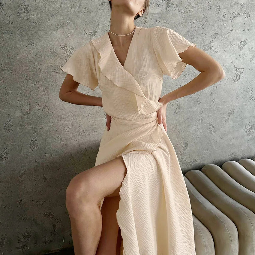 Romantische maxi-jurk met ruches - Bakkermode.nl