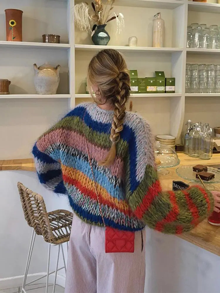 Dames multicolor mohair gebreid trui - stijlvolle en relaxte pullover