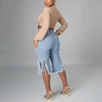 Gescheurde denim bermuda met franjes - Bakkermode.nl