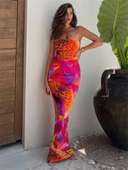 Strapless maxi-jurk met kleurrijke luipaardprint - Bakkermode.nl