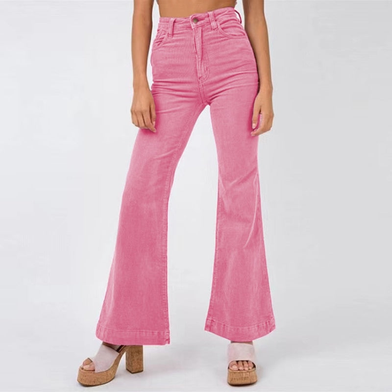 Flared corduroy broek - hoge taille dames flared pants met zakken