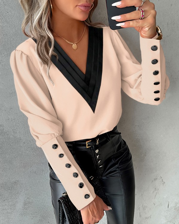 Dames v-hals blouse met knoopdetails - elegantes lange mouw top voor op kantoor en casual gelegenheden
