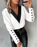Dames v-hals blouse met knoopdetails - elegantes lange mouw top voor op kantoor en casual gelegenheden