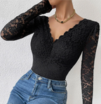 Dames kant bodysuit met elegante v-hals - veelzijdige top voor avonden en casual gelegenheden
