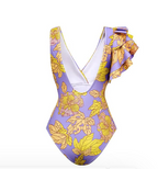 Geel bloemen badpak met ruches - Bakkermode.nl