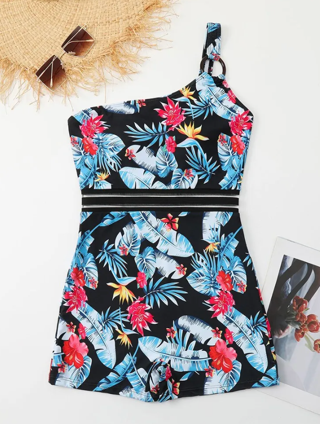 Asymmetrisch badpak met tropisch bloemenpatroon - Bakkermode.nl