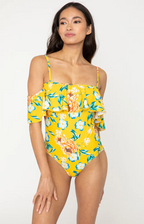 Geel off-shoulder badpak met bloemenprint - Bakkermode.nl