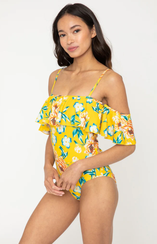 Geel off-shoulder badpak met bloemenprint - Bakkermode.nl