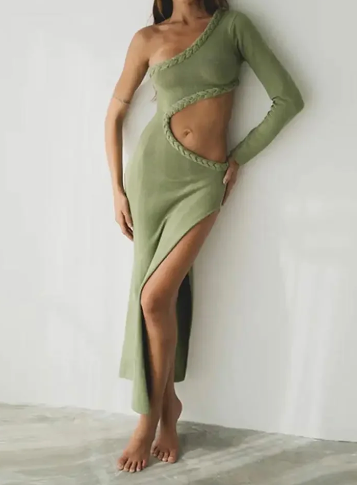 Asymmetrische jurk met cut-out en hoge split - Bakkermode.nl