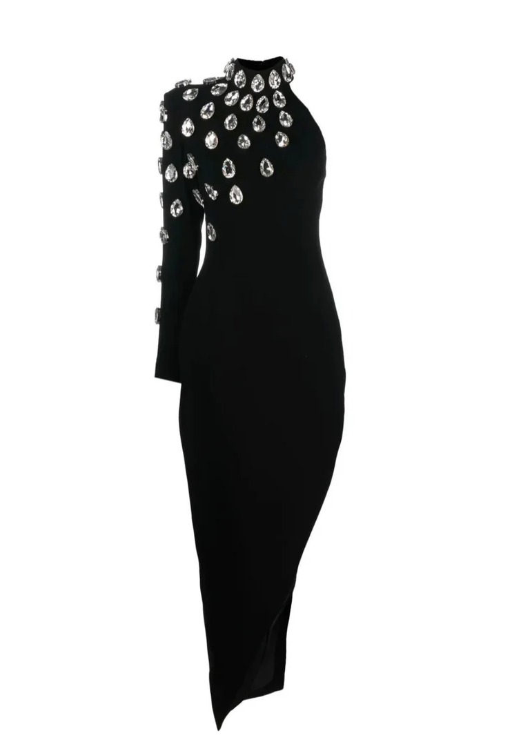 Asymmetrische avondjurk met pareldetails - Bakkermode.nl