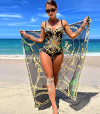 Zwart badpak met kettingprint en omslagdoek - Bakkermode.nl