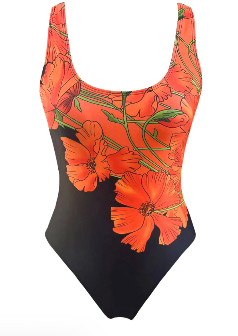 Zwart badpak met oranje bloemenprint - Bakkermode.nl