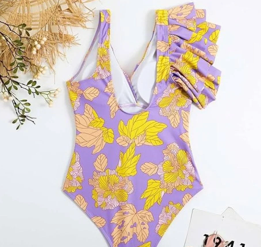Geel bloemen badpak met ruches - Bakkermode.nl