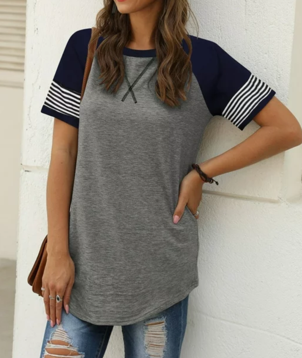 Casual grijs t-shirt met strepen - Bakkermode.nl