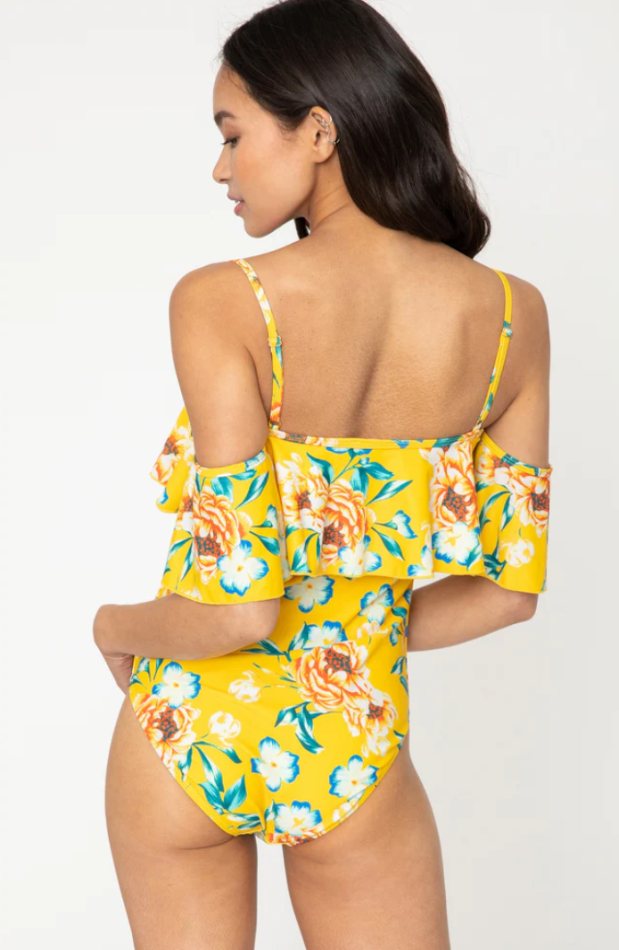 Geel off-shoulder badpak met bloemenprint - Bakkermode.nl
