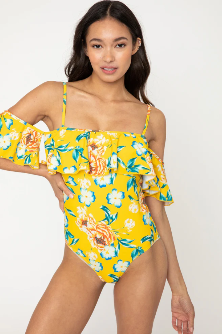 Geel off-shoulder badpak met bloemenprint - Bakkermode.nl