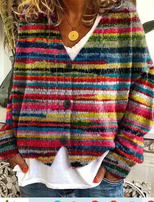 Kleurrijk gestreept damesvest - gebreid vest met knopen - Bakkermode.nl