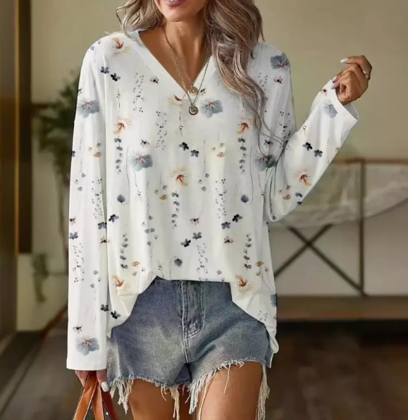 Witte bloemenprint lange mouwen t-shirt - elegante dames top