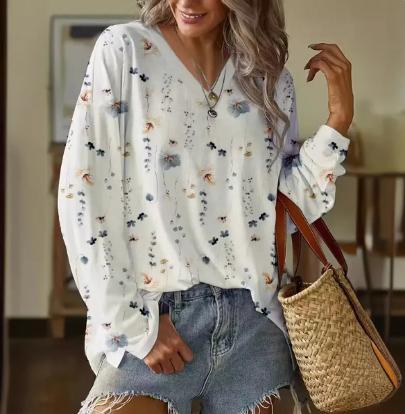 Witte bloemenprint lange mouwen t-shirt - elegante dames top