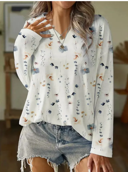 Witte bloemenprint lange mouwen t-shirt - elegante dames top