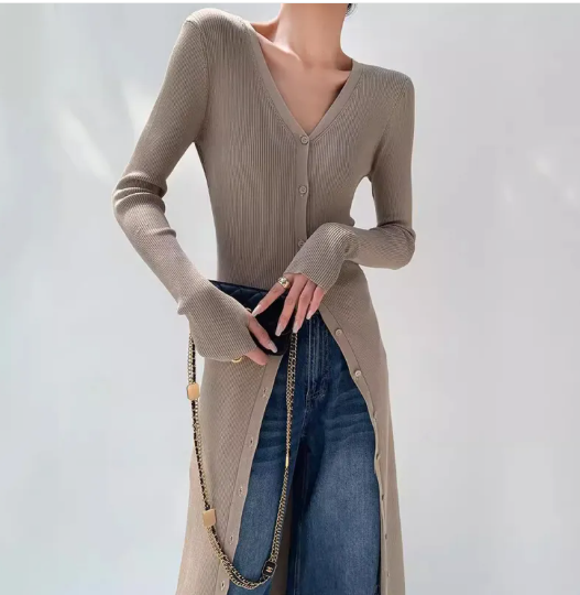 V-hals split-breasted sweaterjurk - gebreide jurk met stijlvolle pasvorm