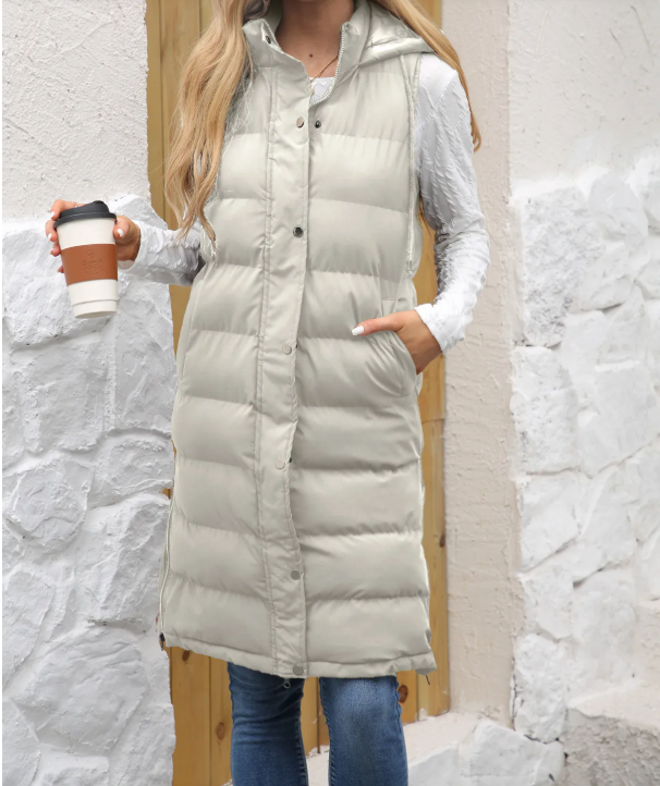 Lange gewatteerde gilet - stijlvolle mouwloze jas voor dames