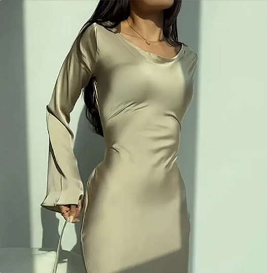 Dames satijnen maxi jurk - elegante avondkleding met lange mouwen voor speciale gelegenheden