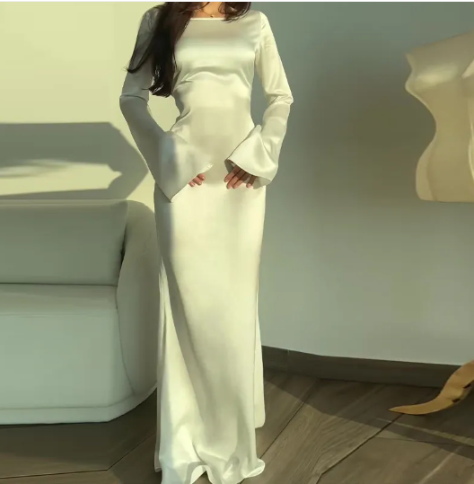 Dames satijnen maxi jurk - elegante avondkleding met lange mouwen voor speciale gelegenheden