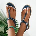 Denim T-riem sandalen met studs - Bakkermode.nl