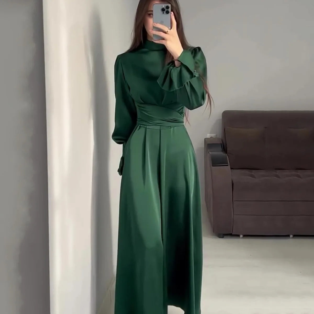 Dames casual maxi jurk - elegante groene lange mouw avondmode voor formele gelegenheden - tijdloze stijl, flatterende pasvorm