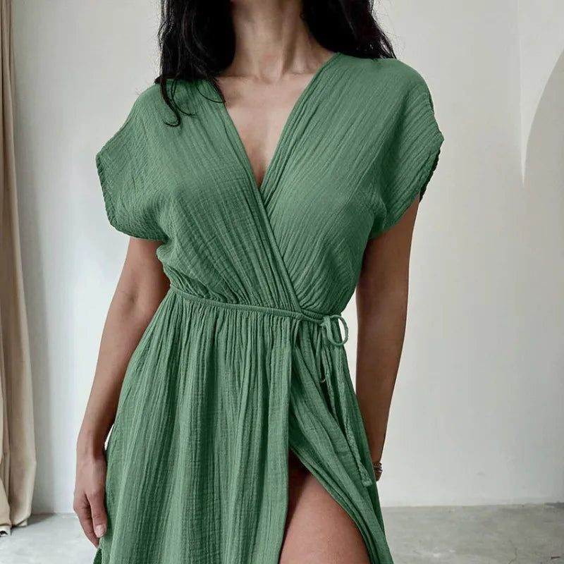 Maxi-jurk met V-hals en korte mouwen - Bakkermode.nl