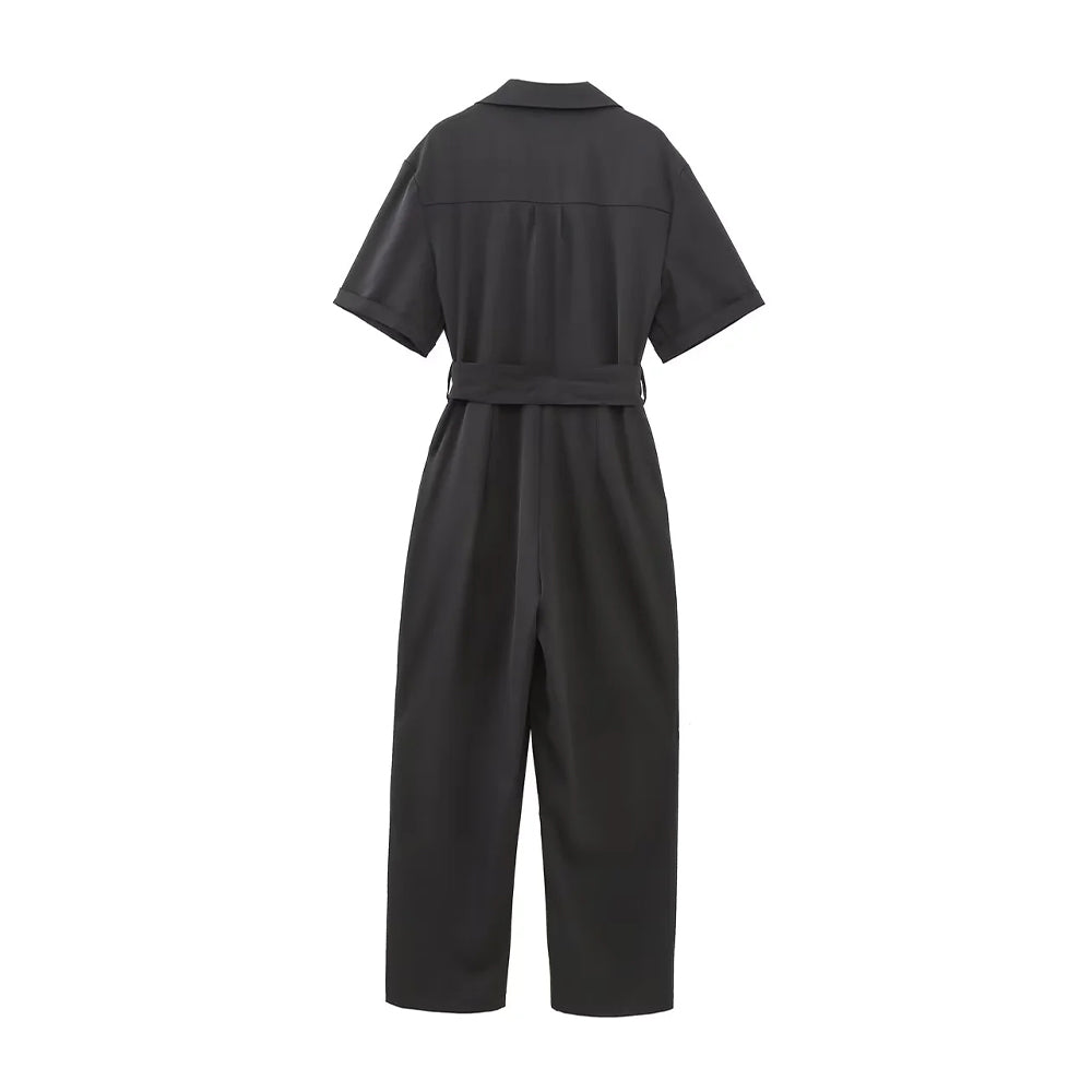 Dames casual jumpsuit korte mouwen met riem in grijs - stijlvolle zomerse outfit met praktische zakken