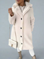Beige fleece lange winterjas voor dames - zachte en warme jas - Bakkermode.nl