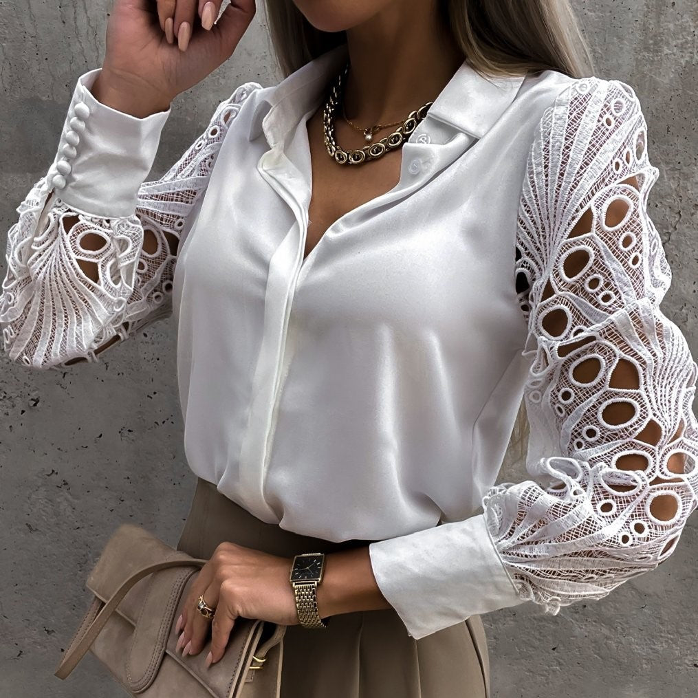 Damesblouse - elegante knoopshirt met verfijnde kantdetails