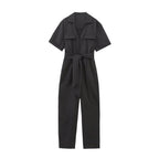 Dames casual jumpsuit korte mouwen met riem in grijs - stijlvolle zomerse outfit met praktische zakken