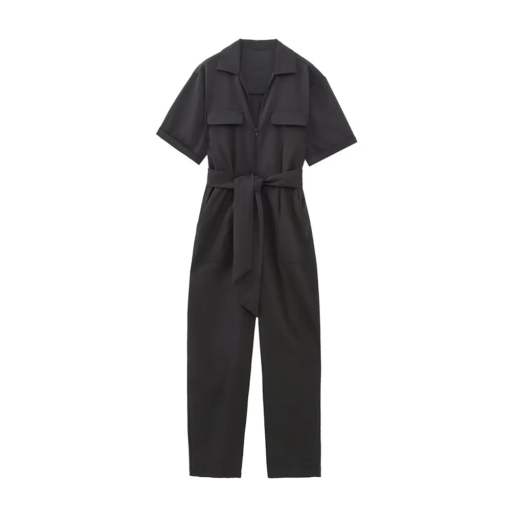 Dames casual jumpsuit korte mouwen met riem in grijs - stijlvolle zomerse outfit met praktische zakken