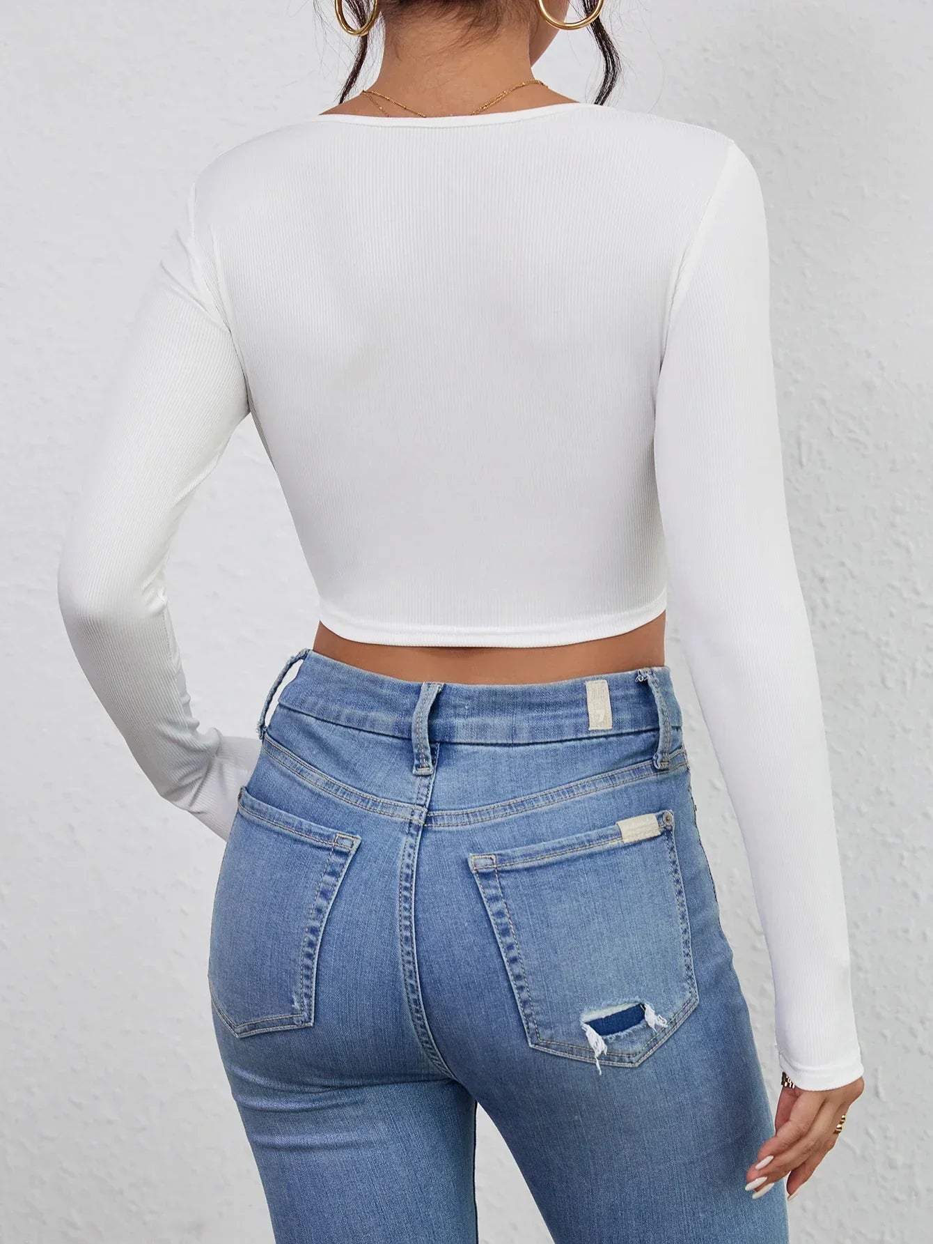 Geribbelde lange mouw crop top - vrouwelijke fitted top