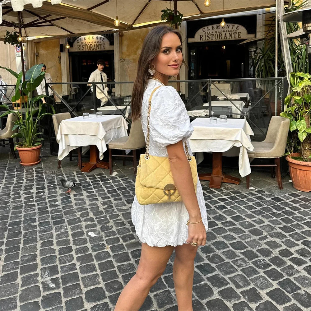 Dames witte geborduurde jurk - verfijnde korte puff mouw outfit