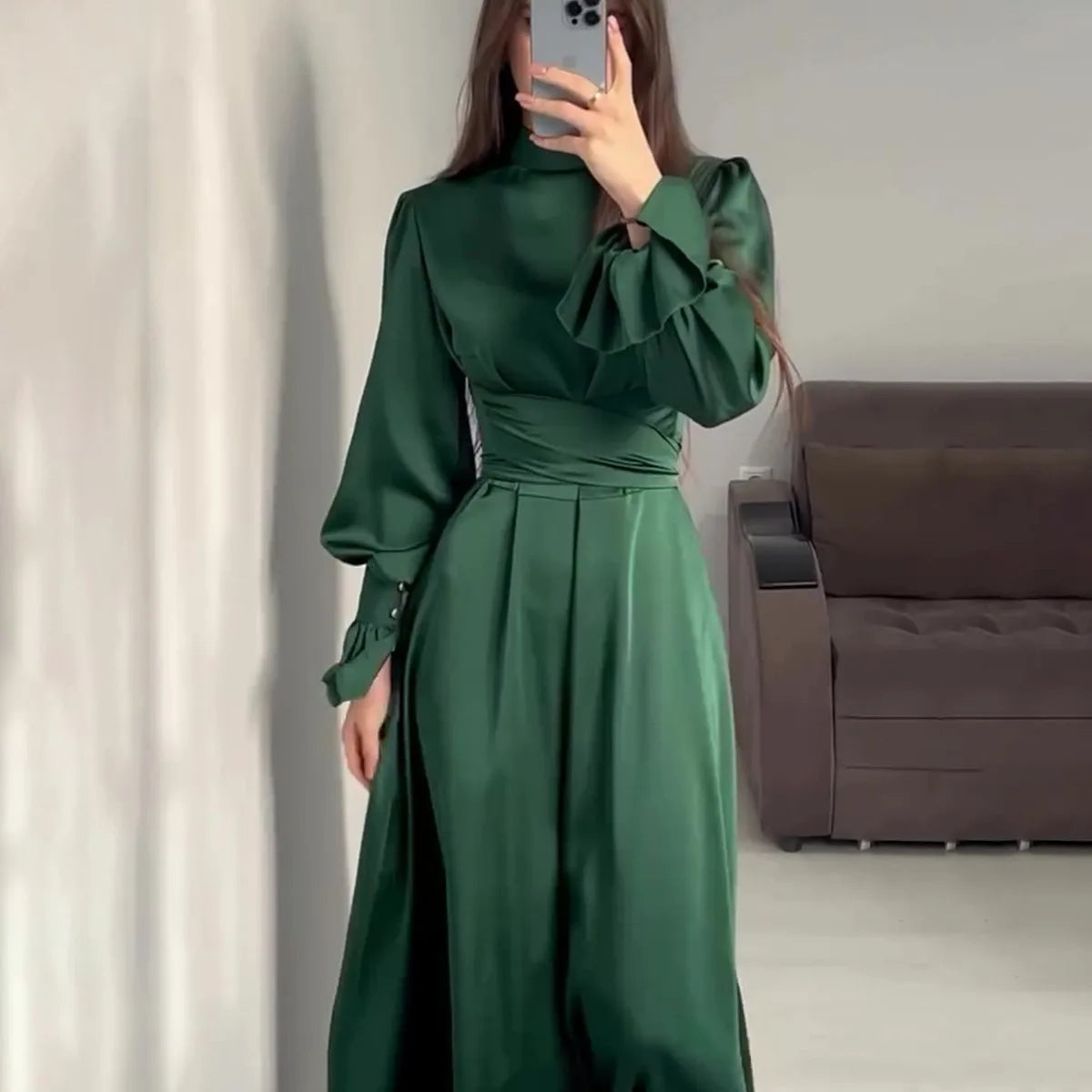 Dames casual maxi jurk - elegante groene lange mouw avondmode voor formele gelegenheden - tijdloze stijl, flatterende pasvorm