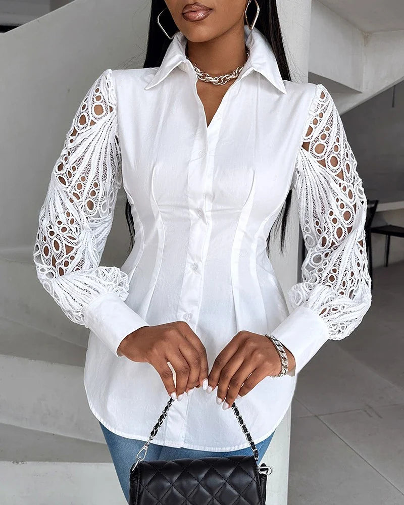 Witte blouse met kanten mouwen - Bakkermode.nl